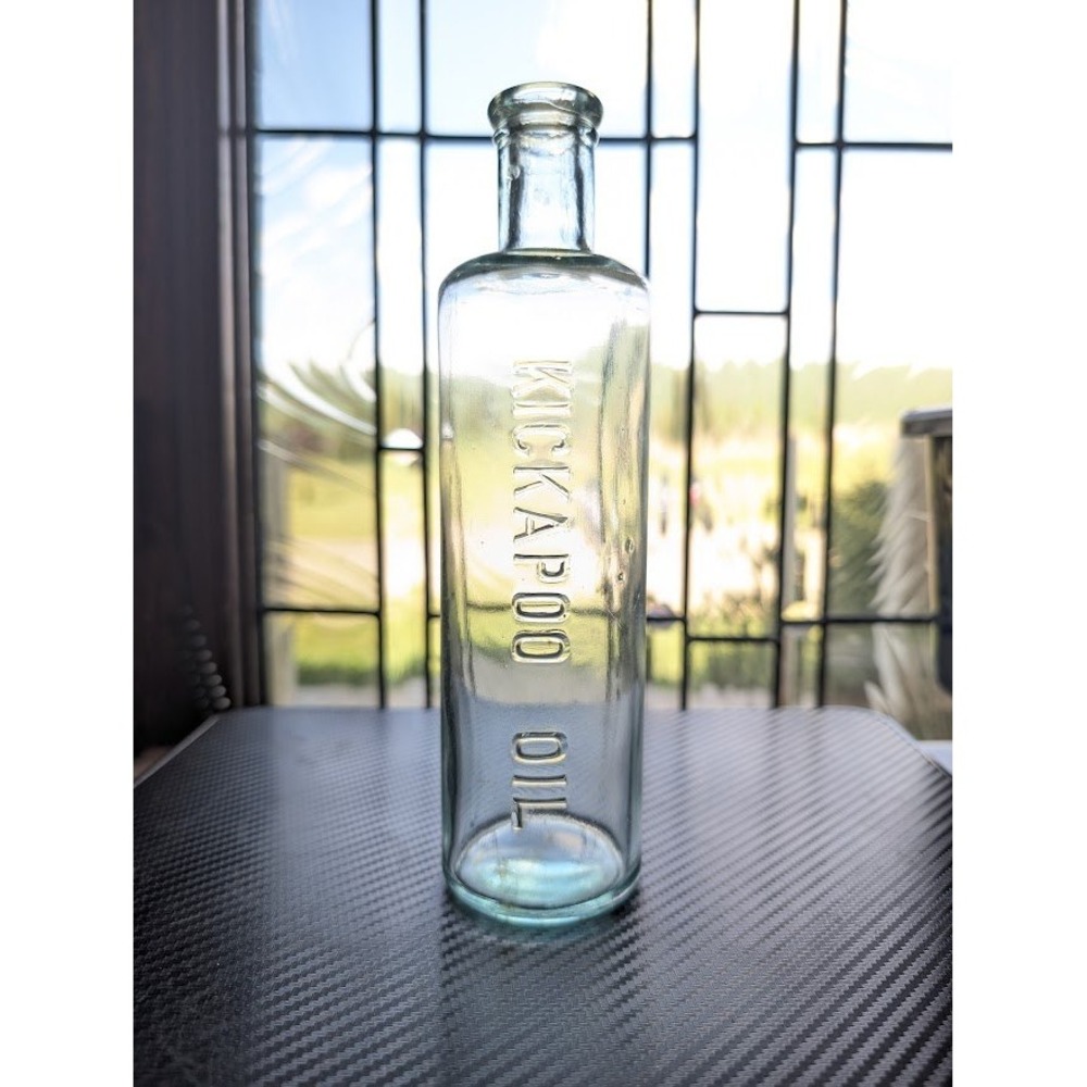 Antique Kickapoo Oil Glass Bottle 8.5" Embossed Medicine Snake Quack Cure Aqua